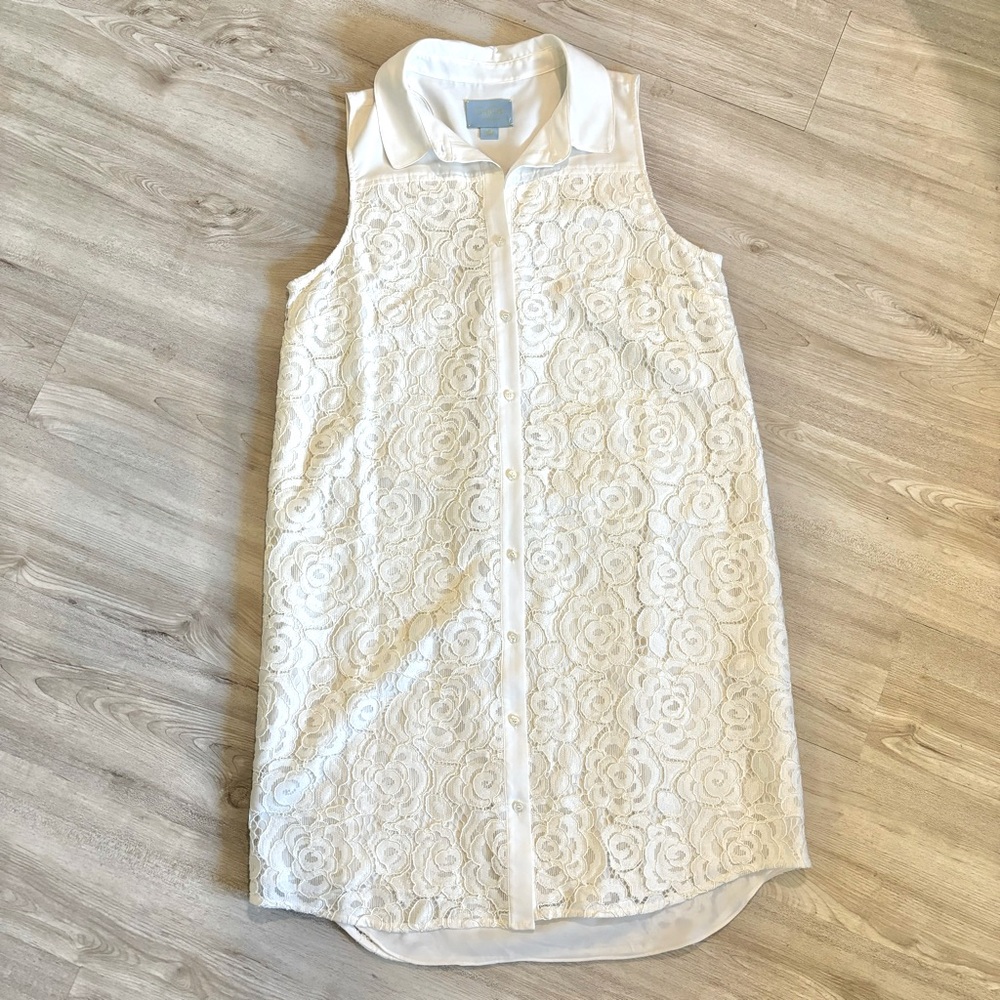 CeCe by Cynthia Steffe Ivory Lace Buttonโ Down Lined Shirt Dress Size Medium